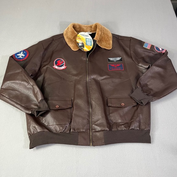 Top Gun Maverick Adult Standard LG Bomber Jacket Faux Leather Fur Collar Patches - Picture 2 of 8
